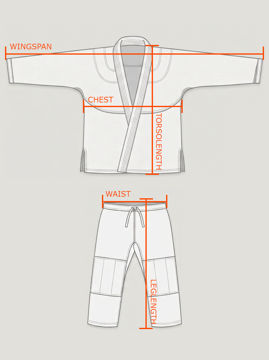 Annotated gi measurement diagram showing wingspan, torso length, chest, waist and leg length